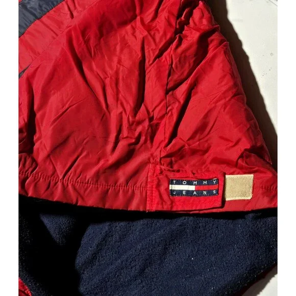 VTG Tommy Hilfiger Sailing Jacket Flag 2X Color Block Hood 1/4 Zip Fleece Lined
